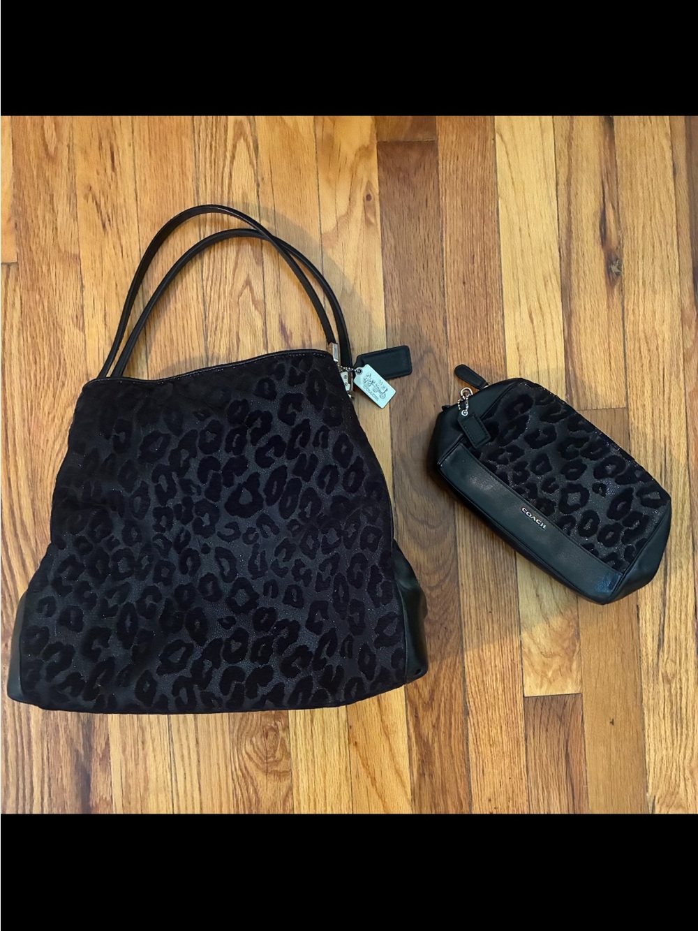 Coach Black Leopard Print Tote with Matching Pouch